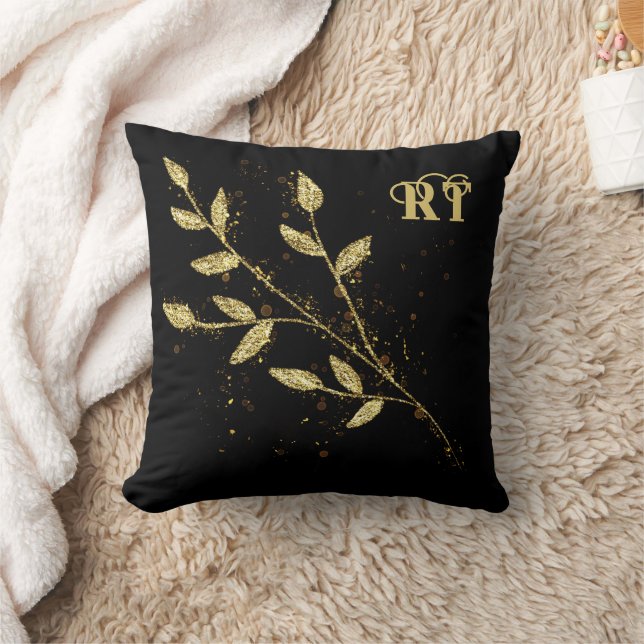 Elegant zwart en goud Plant monogram Kussen (Deken)