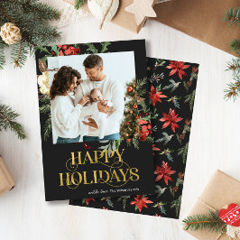 Elegant zwart en goud Poinsettia Foto Kerstmis Feestdagenkaart