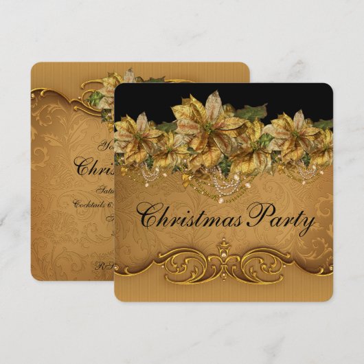Elegant zwart en goud poinsettia kerstfeest kaart (Voorkant / Achterkant)
