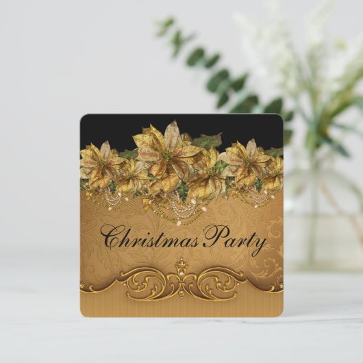 Elegant zwart en goud poinsettia kerstfeest kaart (Staand voorkant)