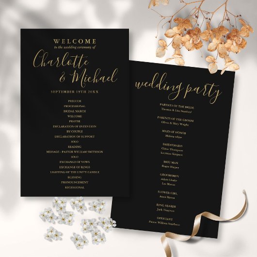 Elegant zwart en goud schrift trouwprogramma
