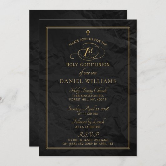 Elegant zwart en goud script 1e Heilige Communie Kaart (Voorkant / Achterkant)