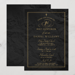 Elegant zwart en goud script 1e Heilige Communie Kaart