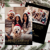 Elegant Zwart en Goud Script 2 Foto Kerstmis Feestdagenkaart