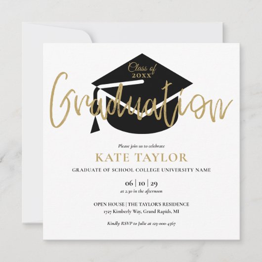 Elegant zwart en goud script afstudeerfeest kaart (Voorkant)