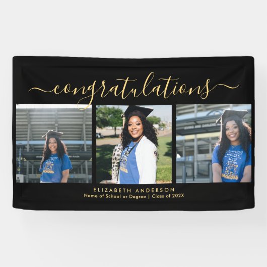 Elegant Zwart en Goud Script Afstuderen Foto Spandoek (Horizontaal)