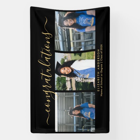 Elegant Zwart en Goud Script Afstuderen Foto Spandoek (Verticaal)