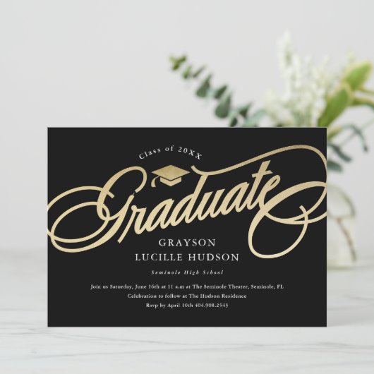 Elegant Zwart en Goud Script Photo Afstuderen Kaart (Staand voorkant)