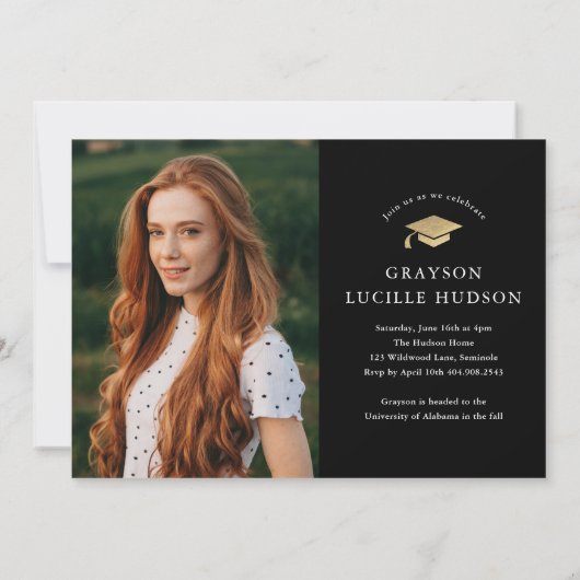 Elegant Zwart en Goud Script Photo Afstuderen Kaart (Achterkant)