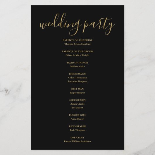 Elegant zwart en goud script trouwprogramma (Achterkant)