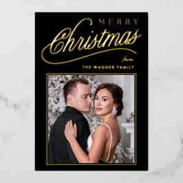 Elegant zwart en goud script vrolijke kerstfoto folie feestdagenkaart