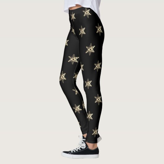 Elegant Zwart en Goud Sneeuwvlok Patroon Kerstmis Leggings (Links)