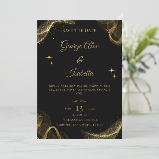 Elegant zwart en goud Sparkle Save the Date Kaart (Staand voorkant)