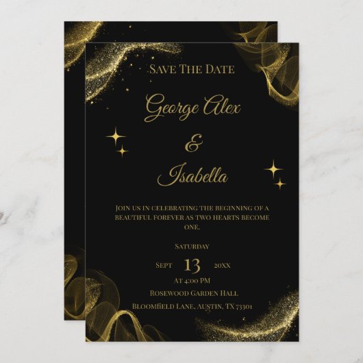 Elegant zwart en goud Sparkle Save the Date Kaart (Voorkant / Achterkant)