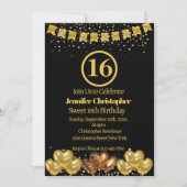 Elegant zwart en goud Sweet 16 verjaardagsfeestje Kaart (Voorkant)