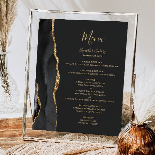 Elegant Zwart en Goud Trouwtafel Menu Poster