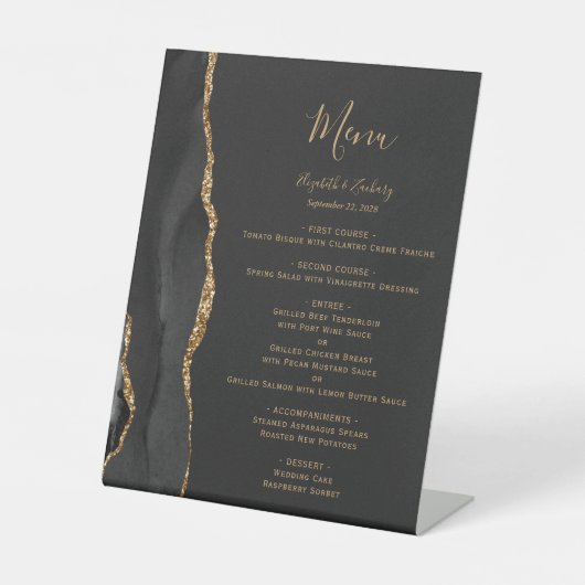 Elegant Zwart en Goud Trouwtafel Menu Reclamebord Met Voetstuk (Voorkant)