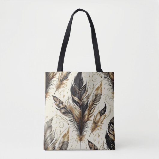 Elegant zwart en goud veren ontwerp tote bag (Voorkant)