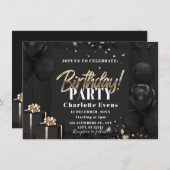 Elegant Zwart en Goud Verjaardagsfeestuitnodiging (Voorkant / Achterkant)