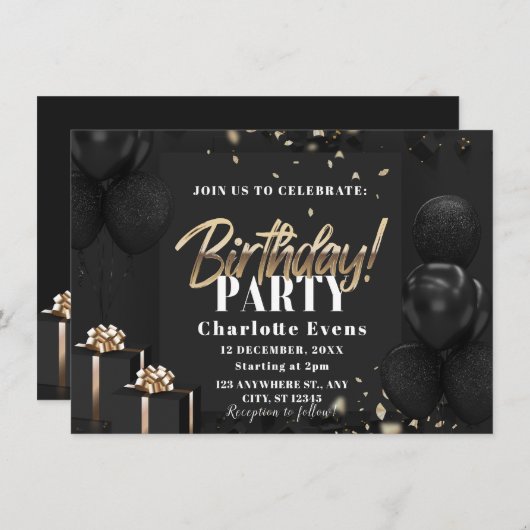 Elegant Zwart en Goud Verjaardagsfeestuitnodiging (Voorkant / Achterkant)