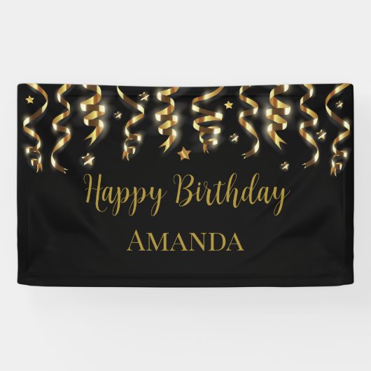 Elegant zwart en goud verrassingsverjaardagsfeestj spandoek (Horizontaal)