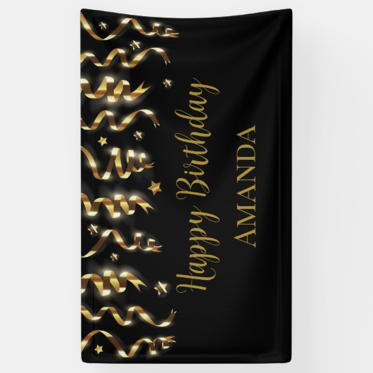 Elegant zwart en goud verrassingsverjaardagsfeestj spandoek (Verticaal)