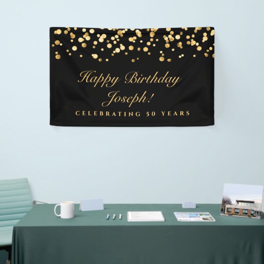 Elegant Zwart en Goud Vijftig 50ste Verjaardagsfee Spandoek (Beurs)