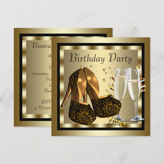Elegant zwart en goud vrouwen verjaardagsfeestje kaart (Voorkant / Achterkant)