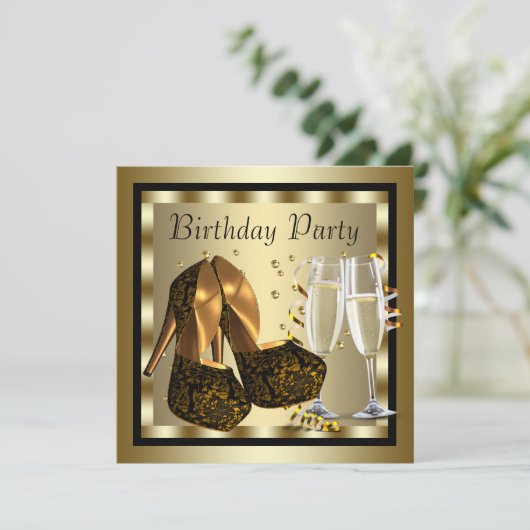 Elegant zwart en goud vrouwen verjaardagsfeestje kaart (Staand voorkant)