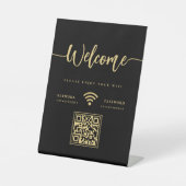 Elegant zwart en goud welkomstscript WIFI QR-code Reclamebord Met Voetstuk (Voorkant)
