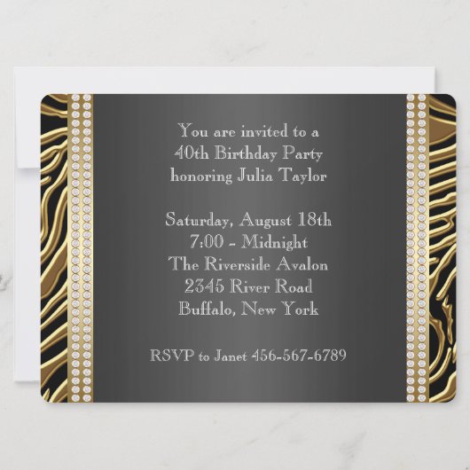 Elegant zwart en goud Zebra verjaardagsfeest Kaart (Achterkant)