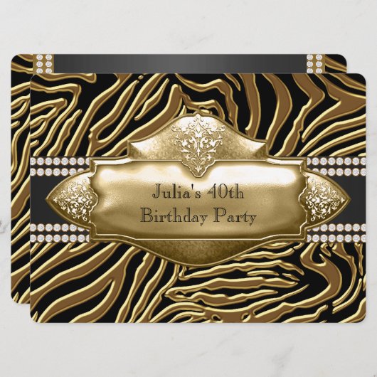 Elegant zwart en goud Zebra verjaardagsfeest Kaart (Voorkant / Achterkant)
