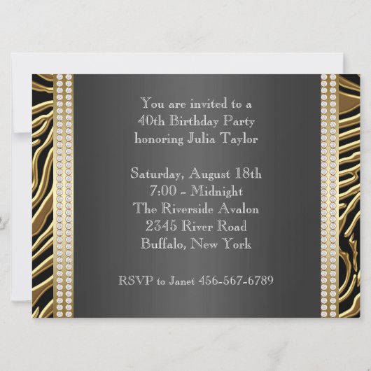 Elegant zwart en goud Zebra verjaardagsfeest Kaart (Achterkant)