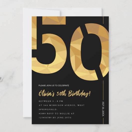 Elegant zwart en gouden 50ste verjaardagsfeestje kaart (Voorkant)