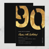 Elegant zwart en gouden 90ste verjaardagsfeestje kaart (Voorkant / Achterkant)