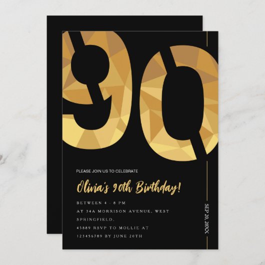 Elegant zwart en gouden 90ste verjaardagsfeestje kaart (Voorkant / Achterkant)