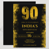 Elegant zwart en gouden 90ste verjaardagsfeestje kaart (Voorkant / Achterkant)