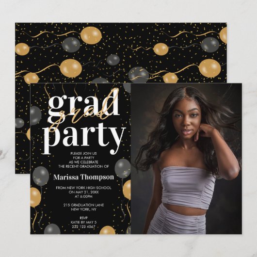 Elegant zwart en gouden ballonnen Afstuderen foto Kaart (Voorkant / Achterkant)