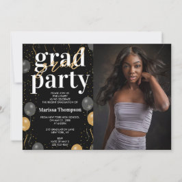 Elegant zwart en gouden ballonnen Afstuderen foto Kaart