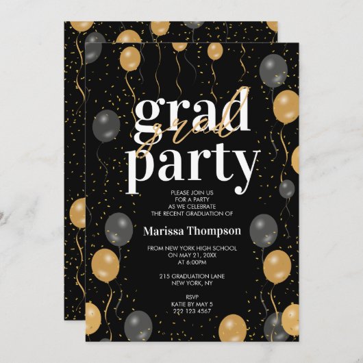 Elegant zwart en gouden ballonnen Afstuderen Kaart (Voorkant / Achterkant)