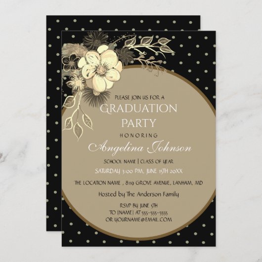 Elegant zwart en gouden bloemen afstudeerfeest kaart (Voorkant / Achterkant)