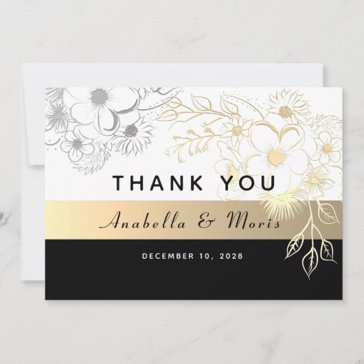  Elegant Zwart en Gouden Bruiloft Bedankkaart (Voorkant)