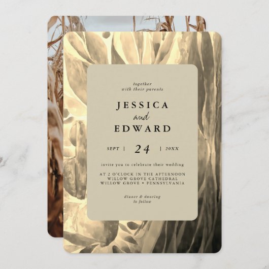 Elegant Zwart en Gouden Foliage Foto Bruiloft Kaart (Voorkant / Achterkant)