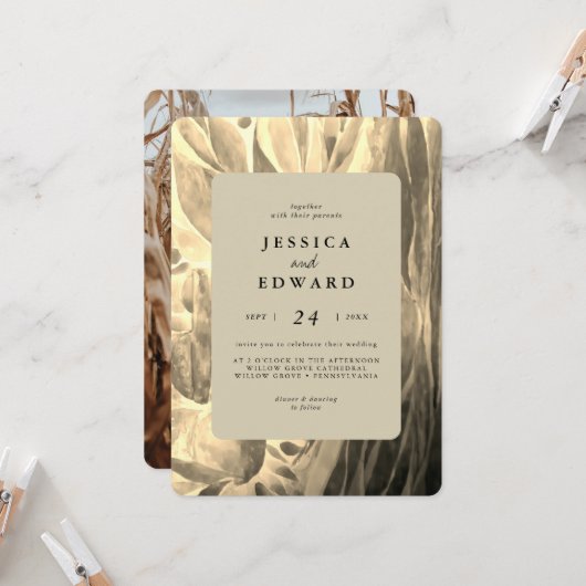 Elegant Zwart en Gouden Foliage Foto Bruiloft Kaart (Voorkant / Achterkant in situ)