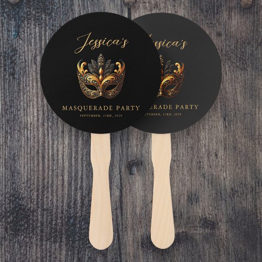 Elegant zwart en gouden gemaskerd bal handwaaier