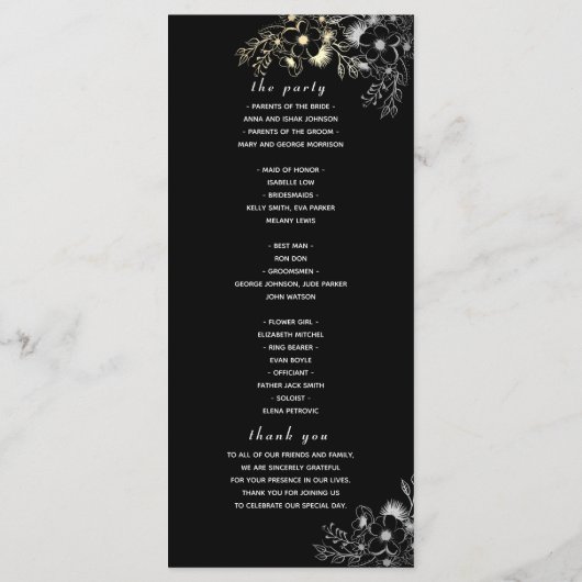 Elegant Zwart en Gouden Huwelijksprogramma Programmakaart (Achterkant)