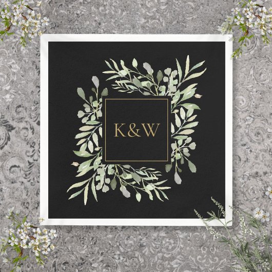 Elegant zwart en gouden monogram groen servet