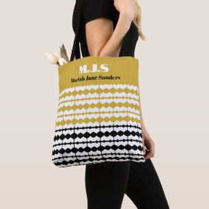 Elegant zwart en gouden patroon initialen en naam tote bag