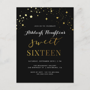 Elegant zwart en gouden ster Confetti Sweet 16 Uitnodiging Briefkaart