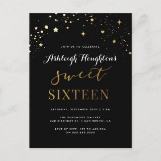 Elegant zwart en gouden ster Confetti Sweet 16 Uitnodiging Briefkaart